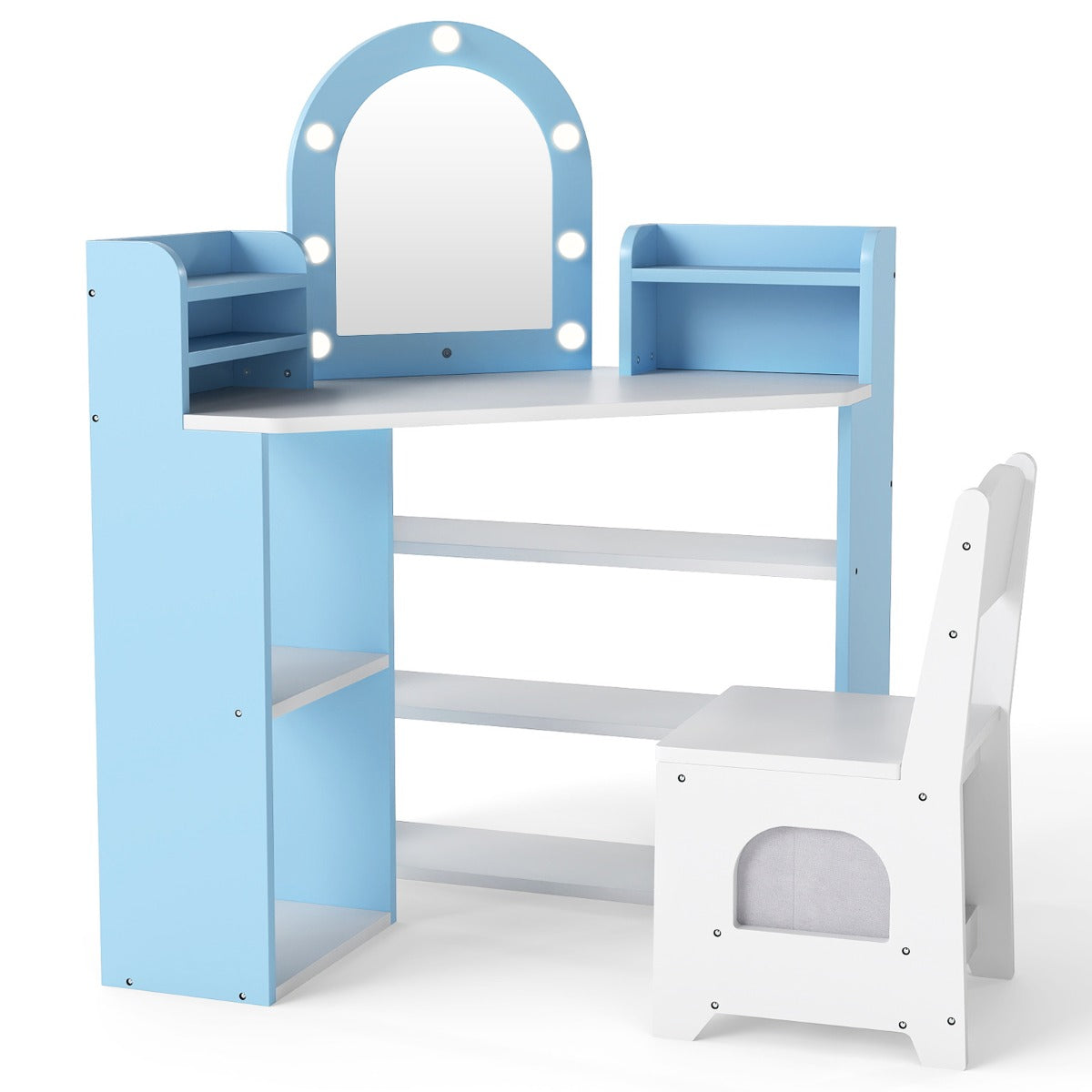 Livsk costway hoekkaptafel voor kinderen met verlichting set bestaande uit prinsessenkaptafel stoel met 3 opbergplanken 5 open vakken 1 1