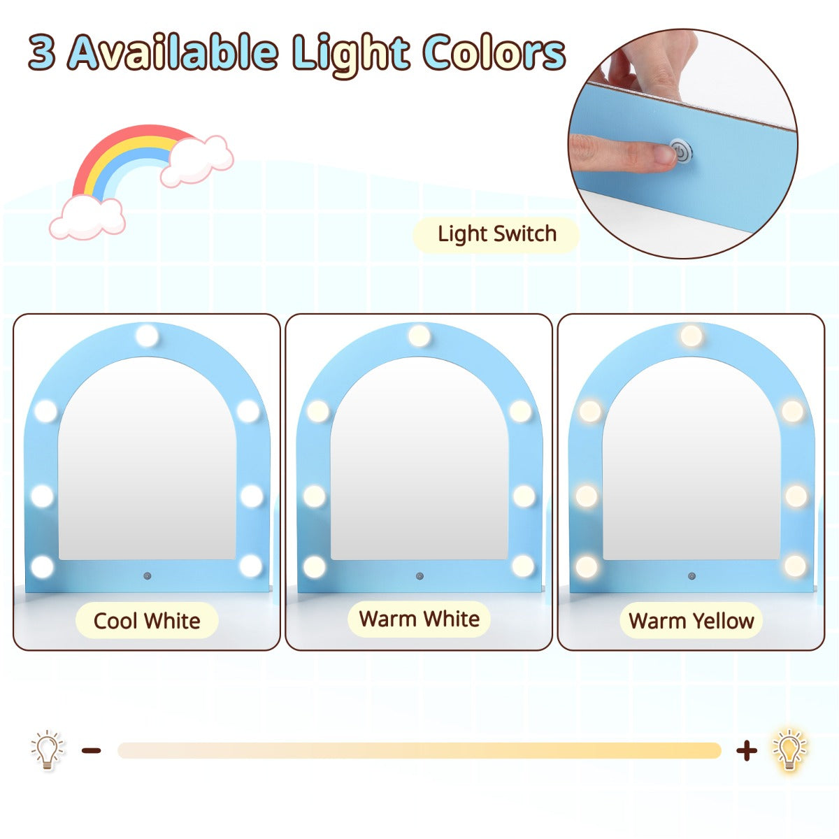 Livsk costway hoekkaptafel voor kinderen met verlichting set bestaande uit prinsessenkaptafel stoel met 3 opbergplanken 5 open vakken 3