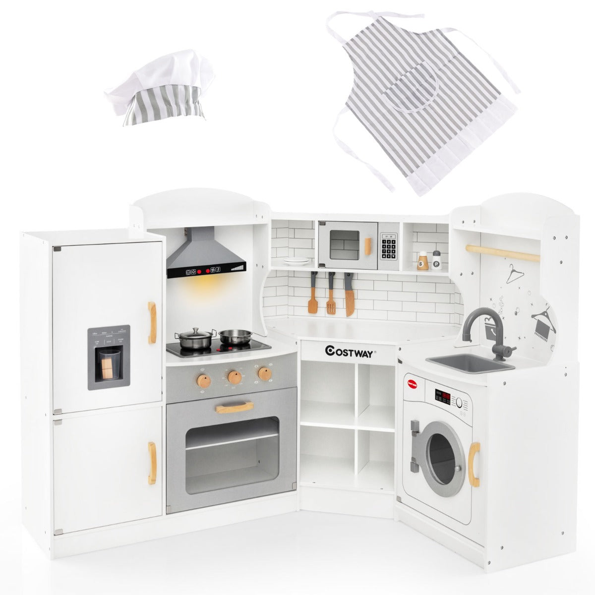 Livsk costway hoekkeukenset met afzuigkap ijsblokjesmachine magnetron oven gootsteen wasmachine handdoekenrek gemaakt van hout licht en geluid