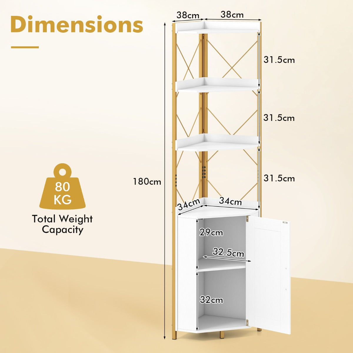 Livsk costway hoekmeubel met opbergruimte hoekkast van 180 cm hoog wit 2