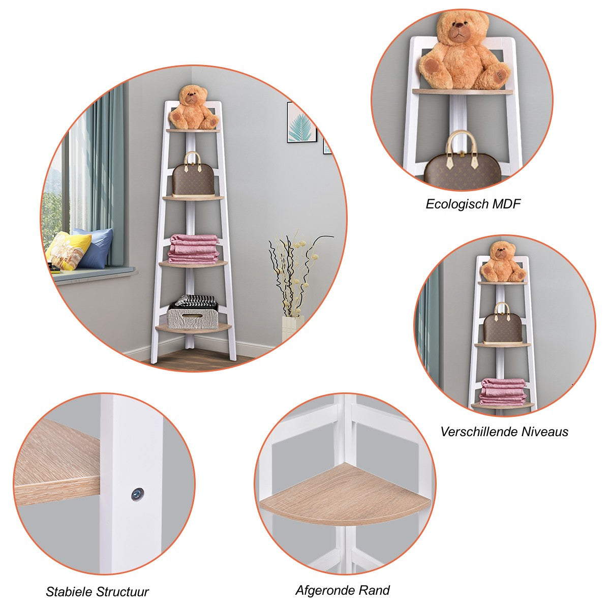 LIVSK Hoekplank - 4-laags Wandplank voor Boeken en Decoratie - Ruimtebesparend en Duurzaam - 32 x 32 x 138 cm - Wit