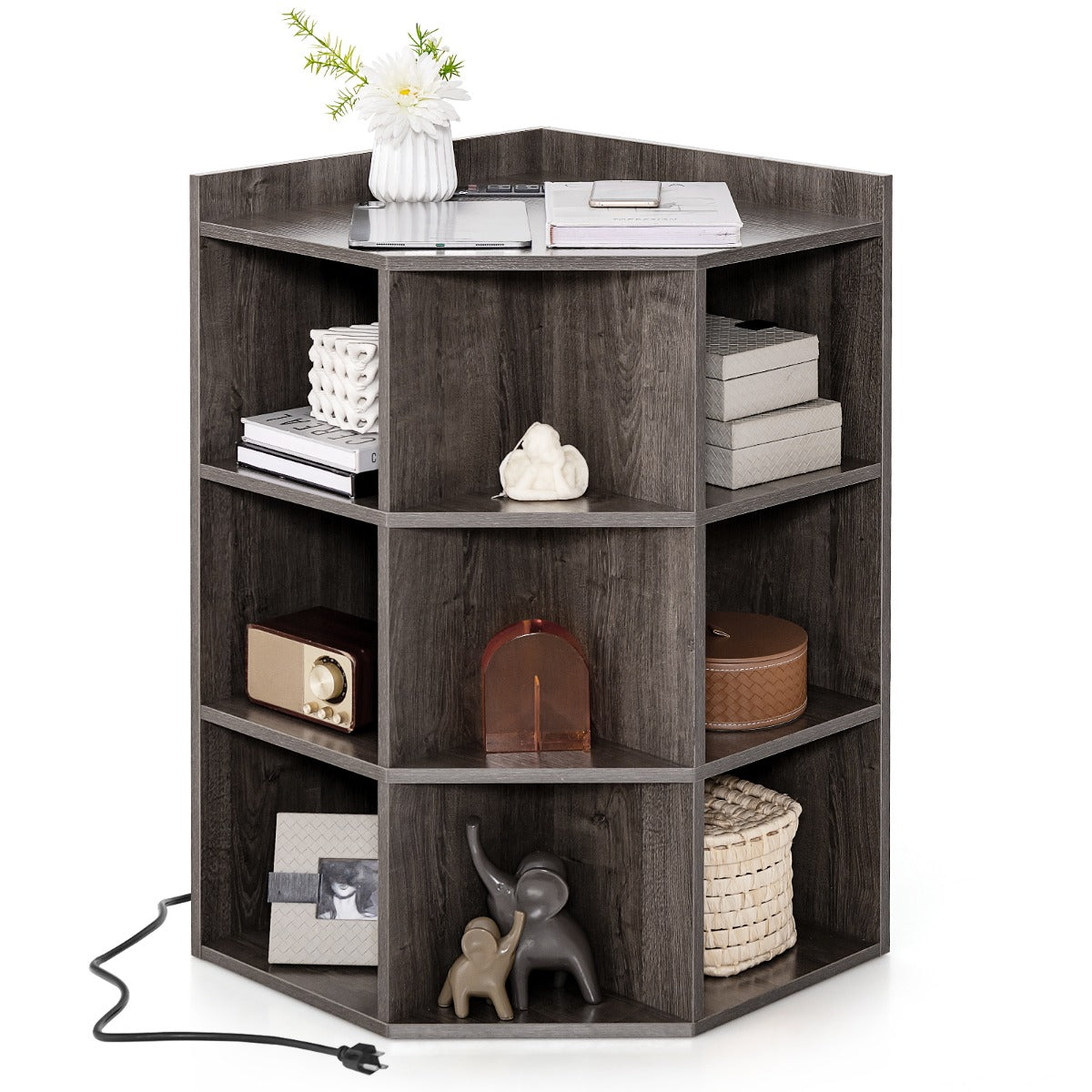 LIVSK Hoekkast met Oplaadstation - 4 Stopcontacten - 2 USB-Poorten - 9 Vakken - Ruimtebesparend - 51 x 71,5 x 86 cm - Grijs/Wit
