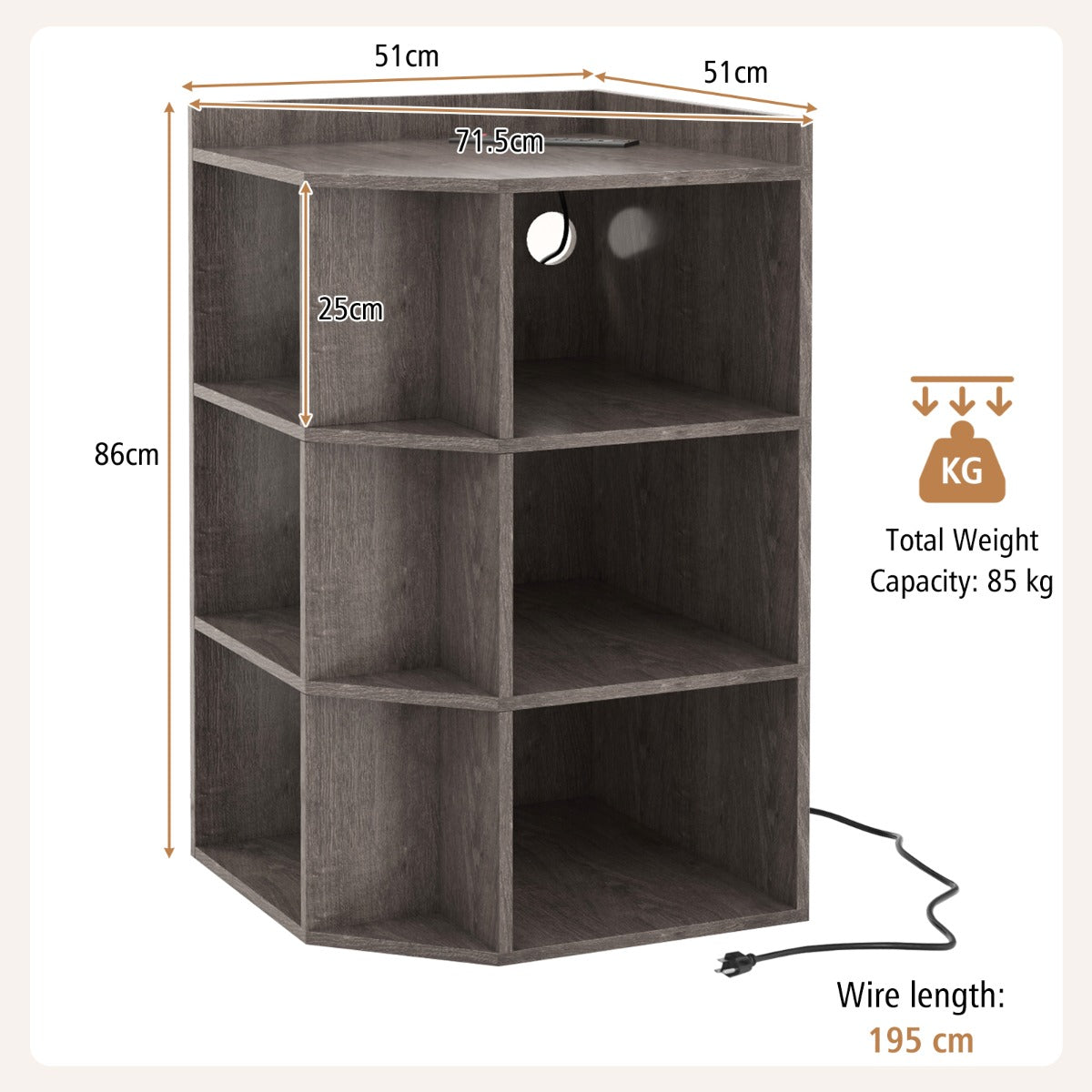 LIVSK Hoekkast met Oplaadstation - 4 Stopcontacten - 2 USB-Poorten - 9 Vakken - Ruimtebesparend - 51 x 71,5 x 86 cm - Grijs/Wit