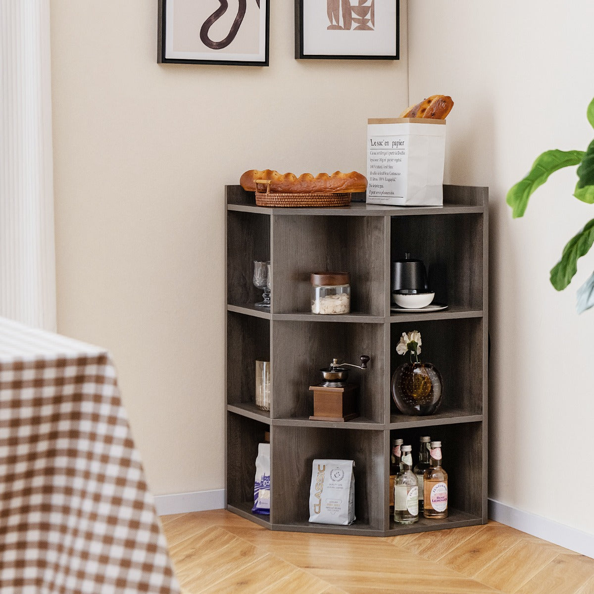 LIVSK Hoekkast met Oplaadstation - 4 Stopcontacten - 2 USB-Poorten - 9 Vakken - Ruimtebesparend - 51 x 71,5 x 86 cm - Grijs/Wit