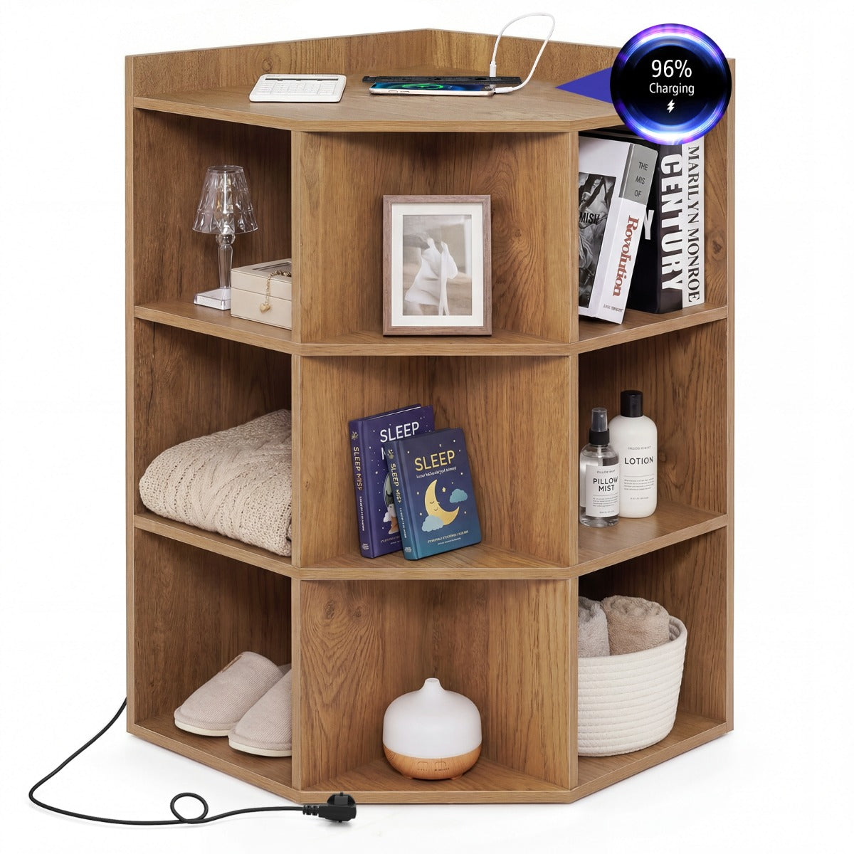 Livsk costway hoekplank met oplaadstation op 3 niveaus open houten plank met 9 vakken 2 usb poorten 4 stopcontacten voor boeken speelgoed naturel 1