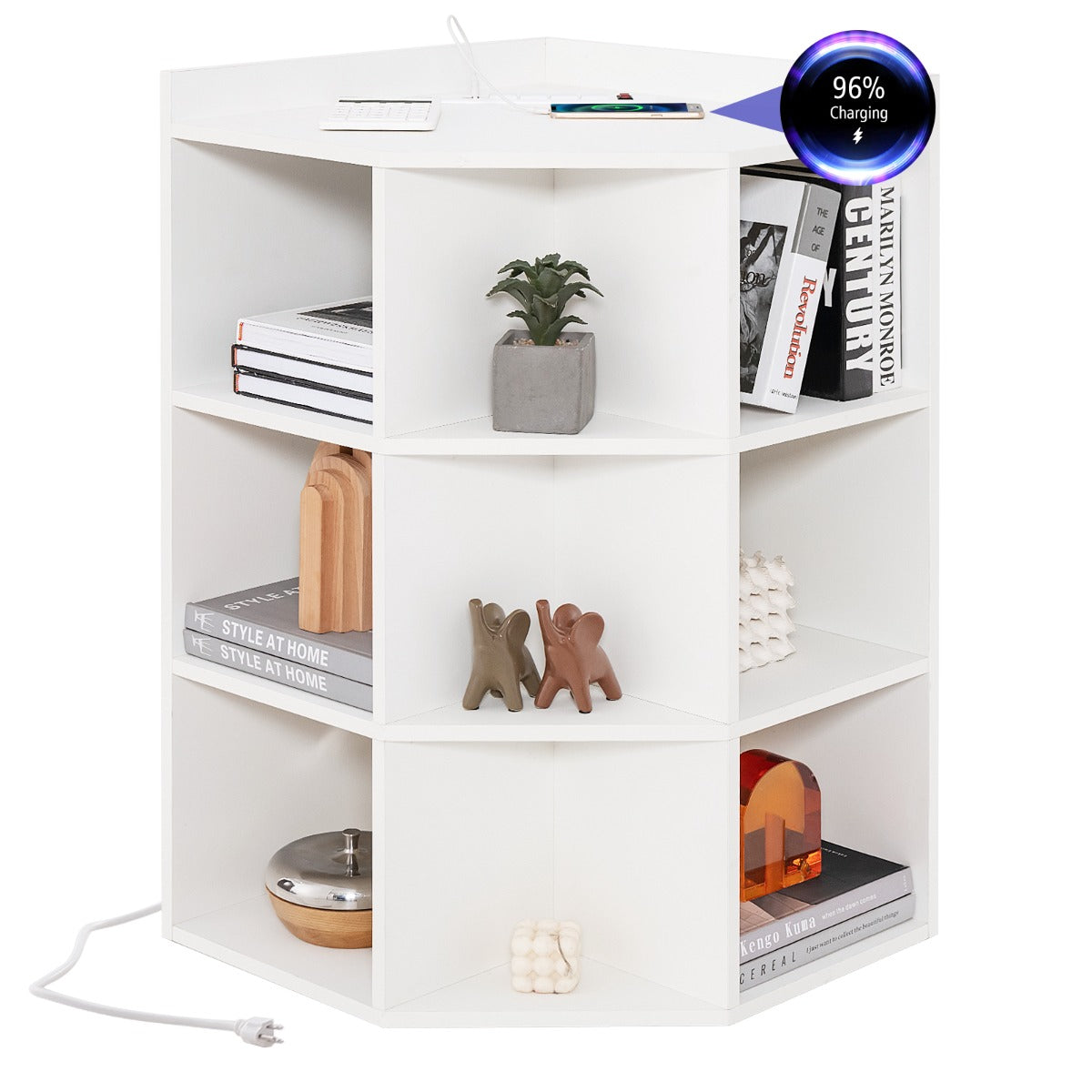 LIVSK Hoekkast Oplaadstation - 4 Stopcontacten - 2 USB-poorten - 9 Vakken - Ruimtebesparend - Grijs/Wit