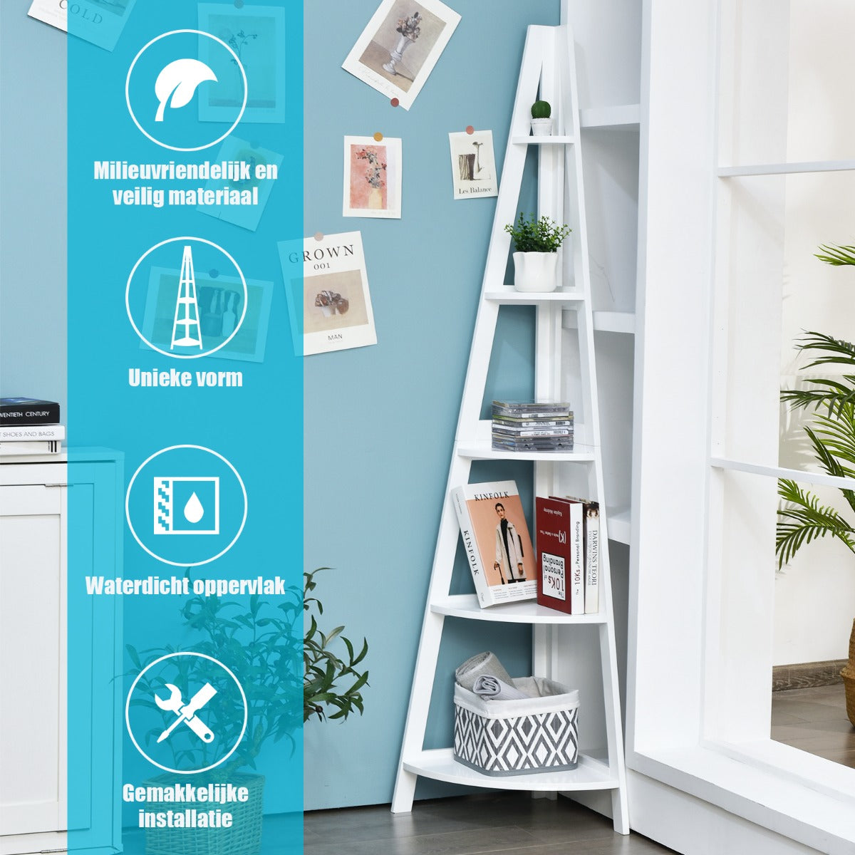 LIVSK Hoek Ladderplank - 5-laags A-vormig Plankenrek - Duurzaam MDF - Ruimtebesparend - Eenvoudig te Monteren - Wit