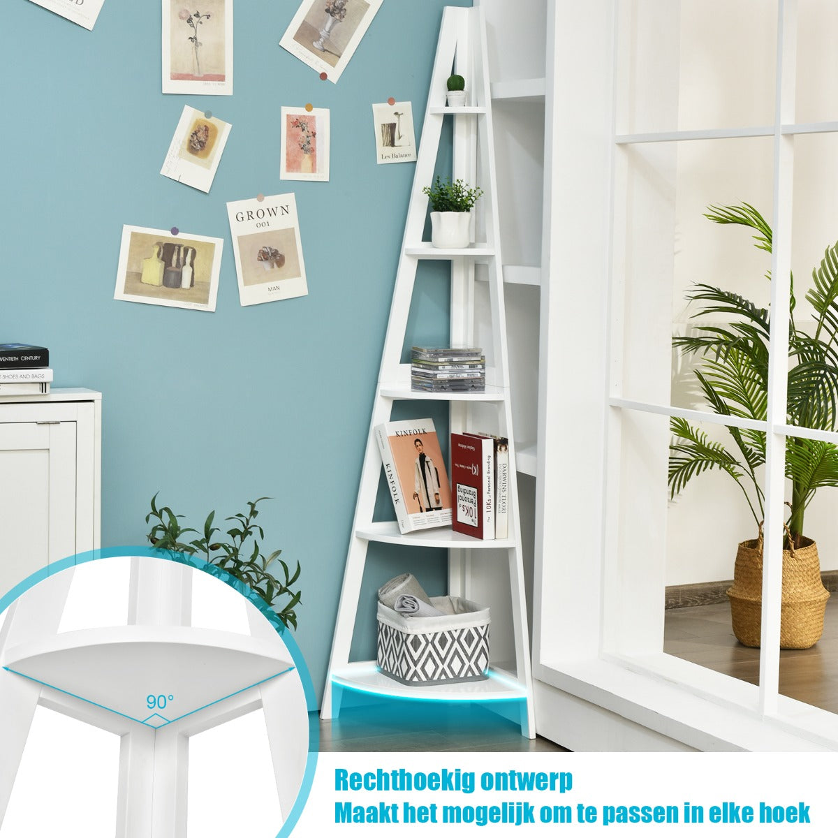LIVSK Hoek Ladderplank - 5-laags A-vormig Plankenrek - Duurzaam MDF - Ruimtebesparend - Eenvoudig te Monteren - Wit