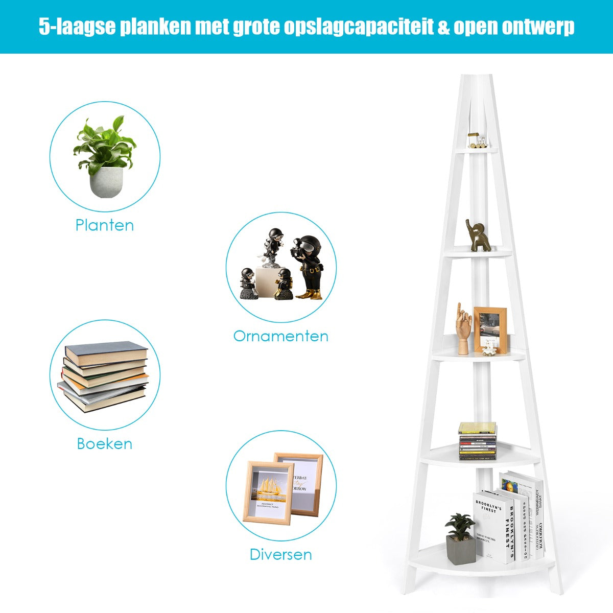 LIVSK Hoek Ladderplank - 5-laags A-vormig Plankenrek - Duurzaam MDF - Ruimtebesparend - Eenvoudig te Monteren - Wit