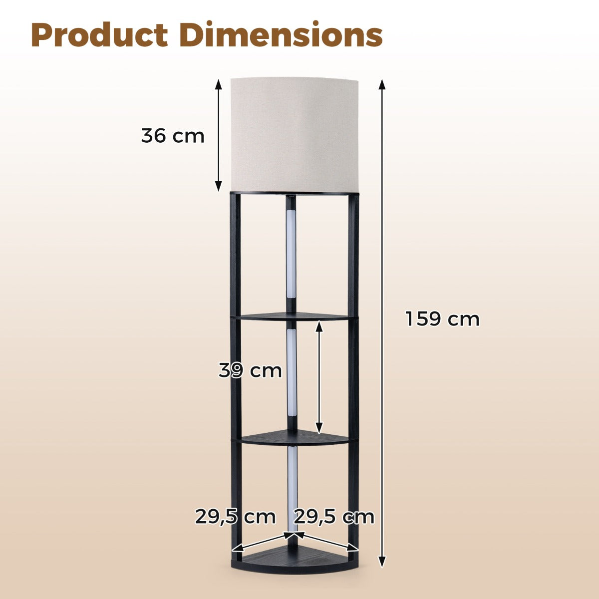 Livsk costway hoekstaande lamp met planken displayplank met 3 niveaus met dimbare ledverlichting linnen lampenkap en voetschakelaar 1