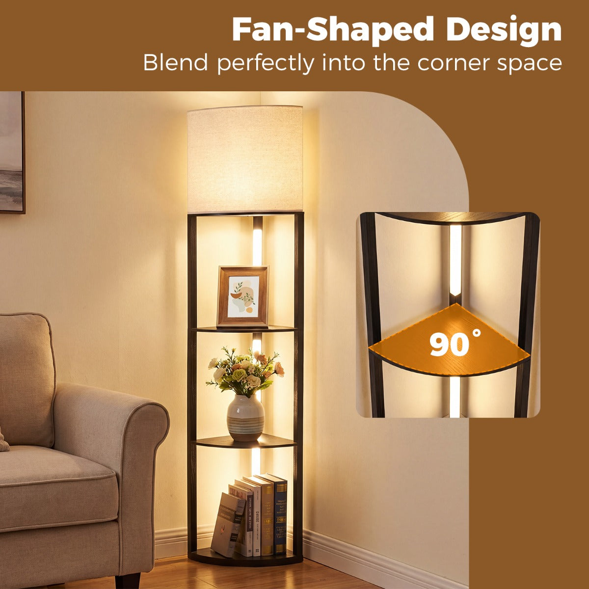 Livsk costway hoekstaande lamp met planken displayplank met 3 niveaus met dimbare ledverlichting linnen lampenkap en voetschakelaar