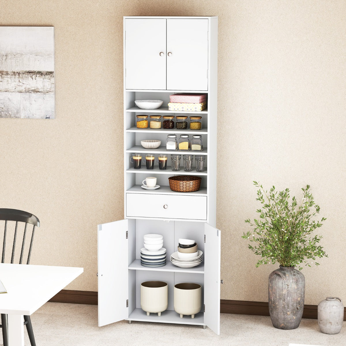 Livsk costway hoge badkamerkast met lade 180 cm linnenkast organizer met deuren en verstelbare planken 6