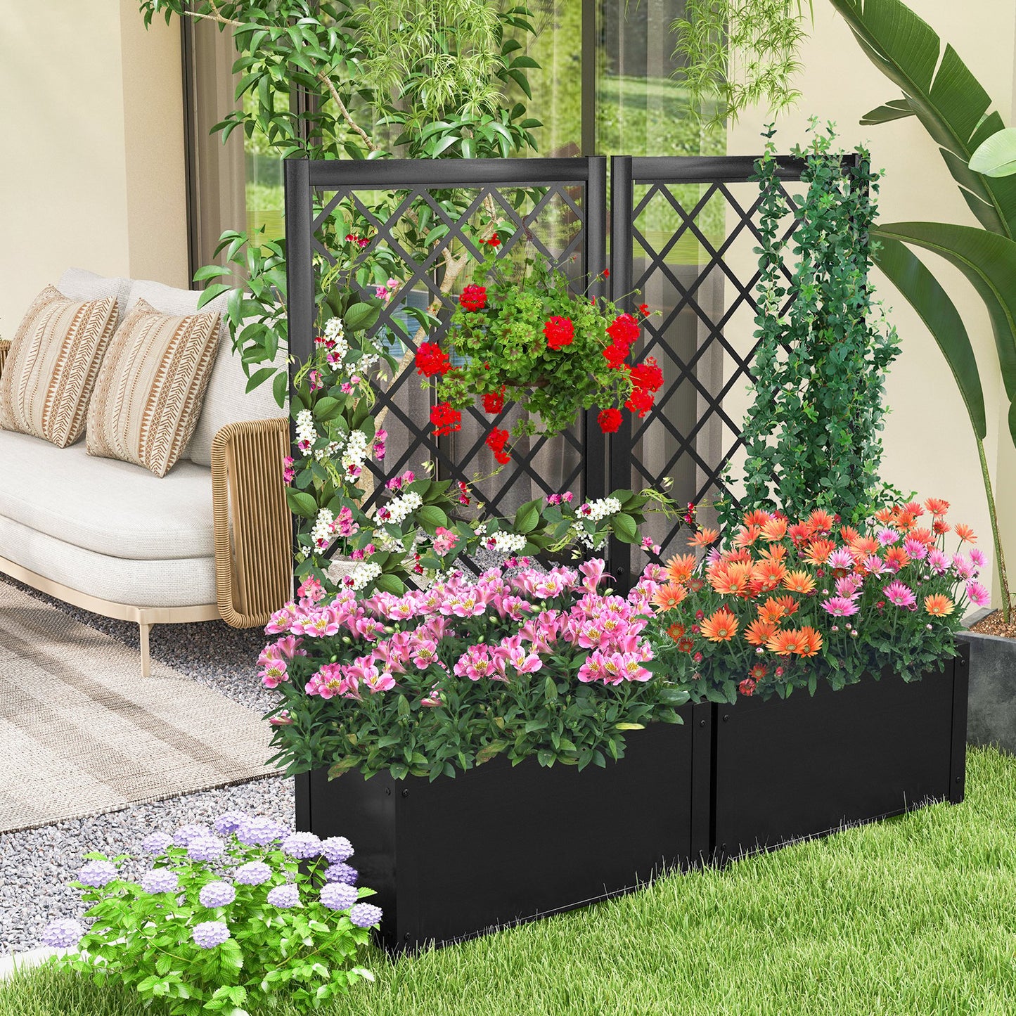 LIVSK Verhoogd Metalen Plantenbed met Klimrek - Diepe Plantenbak - Geschikt voor Groenten en Klimplanten - 63 x 31 x 112 cm -