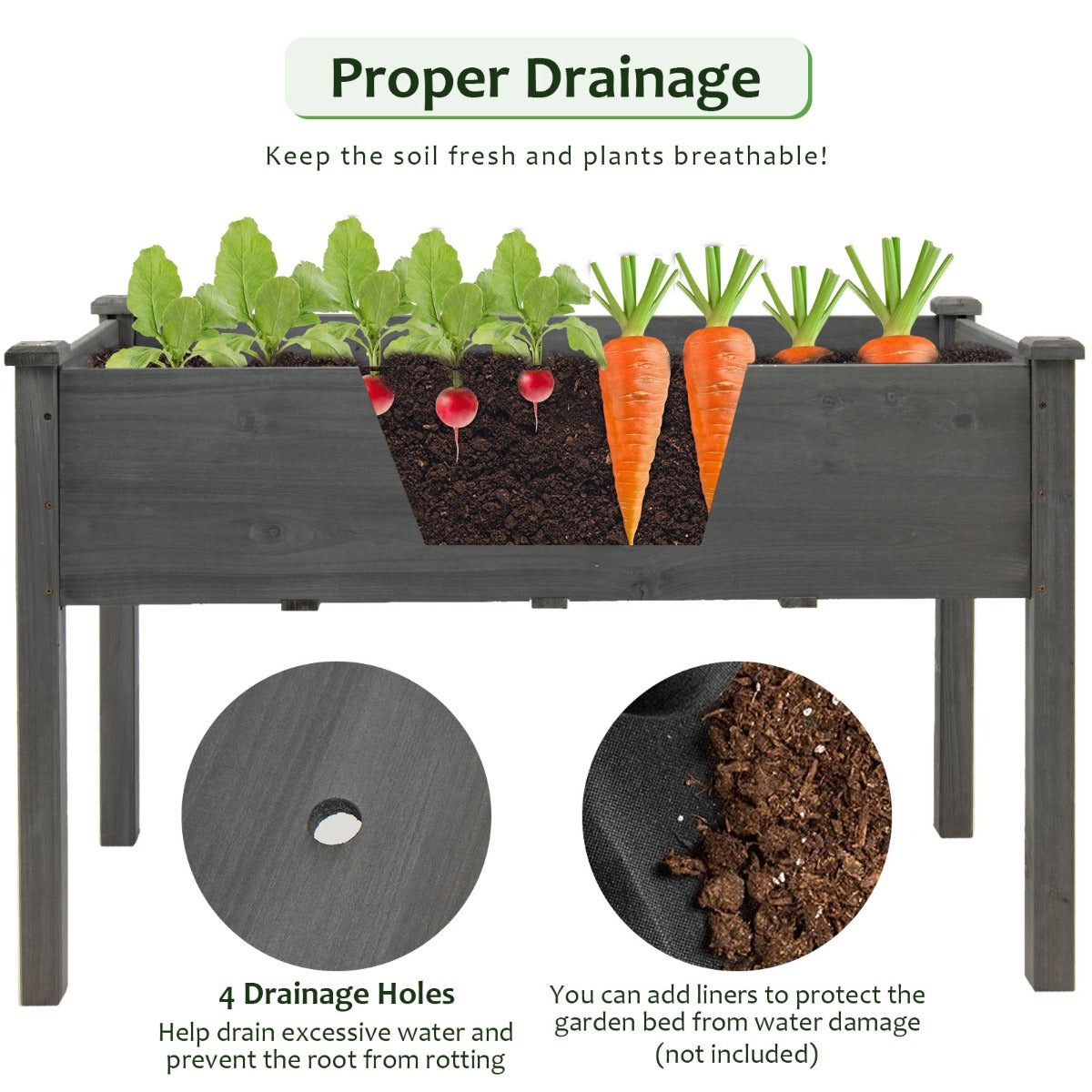 LIVSK Verhoogd Plantenbed - Sparrenhout - Optimale Groeiomstandigheden met Drainagegaten - 125 x 59 x 76 cm - Grijs