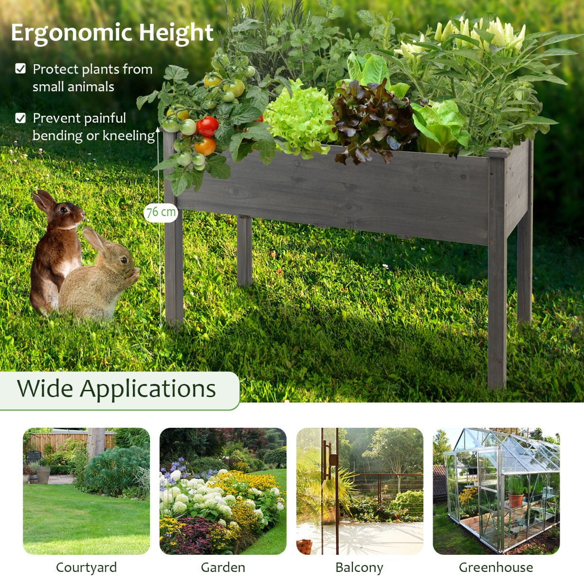 LIVSK Verhoogd Plantenbed - Sparrenhout - Optimale Groeiomstandigheden met Drainagegaten - 125 x 59 x 76 cm - Grijs