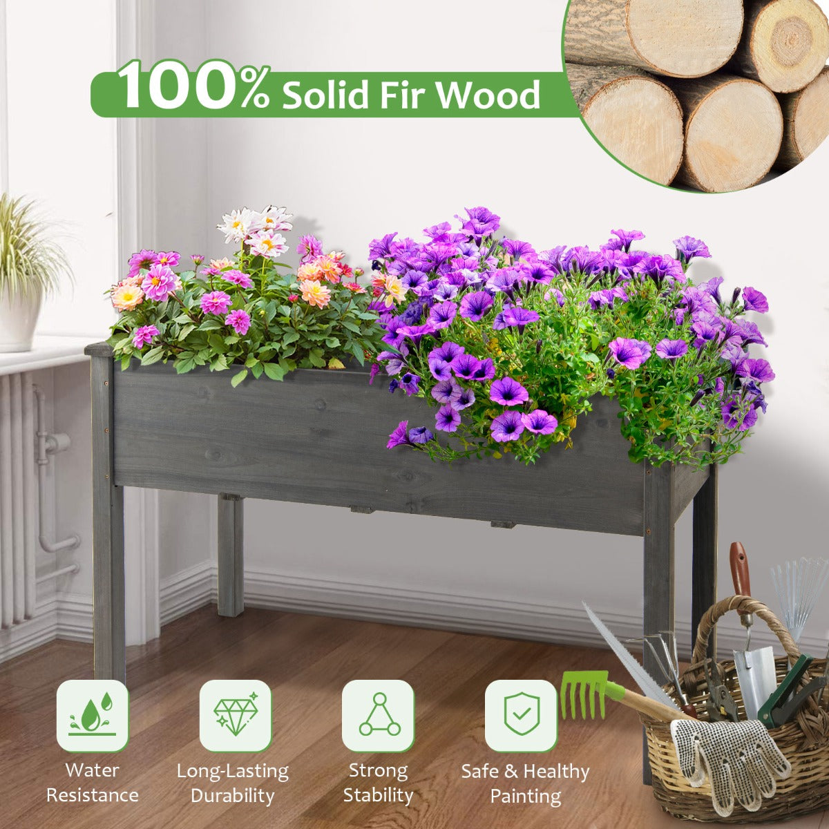 LIVSK Verhoogd Plantenbed - Sparrenhout - Optimale Groeiomstandigheden met Drainagegaten - 125 x 59 x 76 cm - Grijs