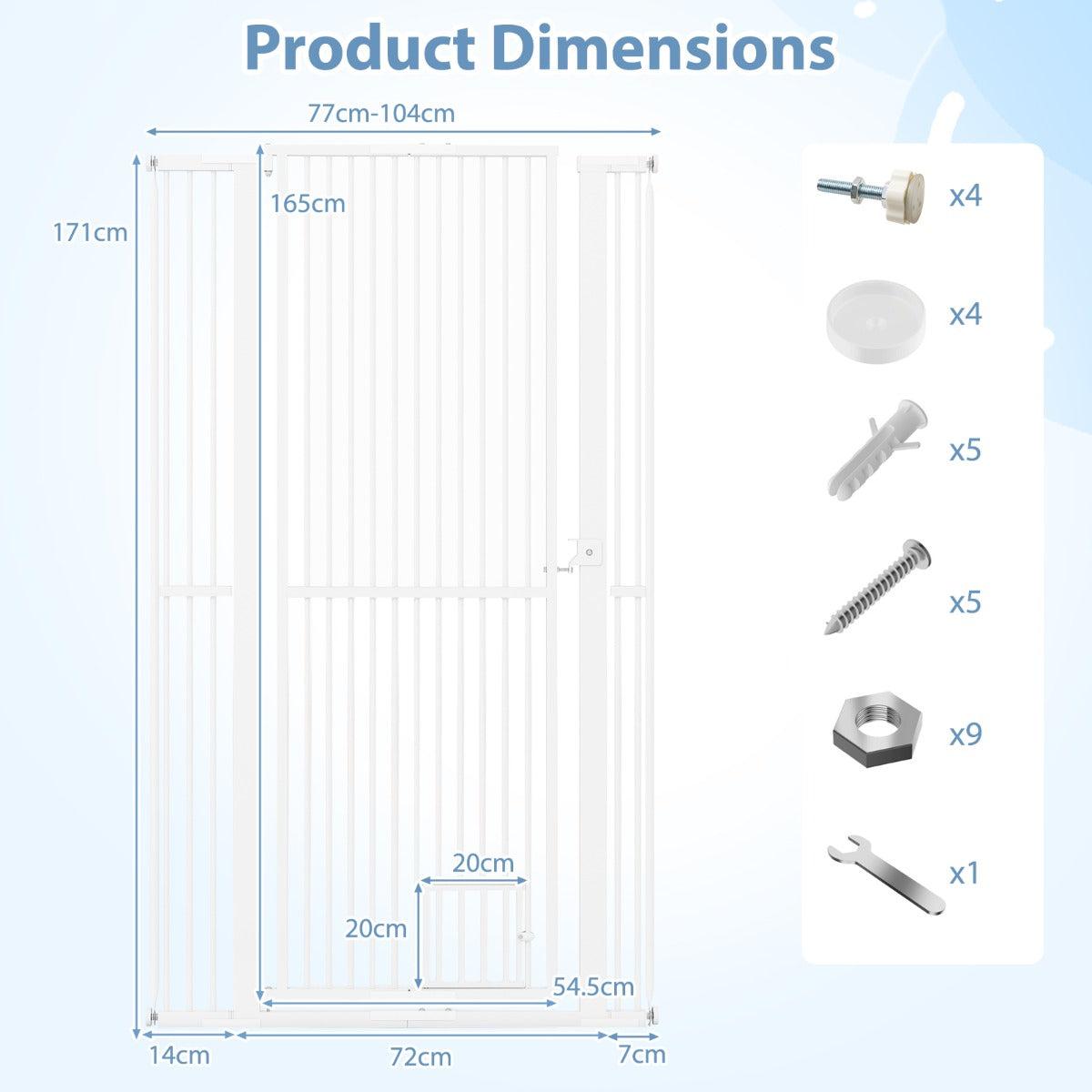 Livsk costway hoge dierenbarriere metalen veiligheidshekje met 2 uitbreidingssets zonder boren 77 104 cm x 171 cm wit 1
