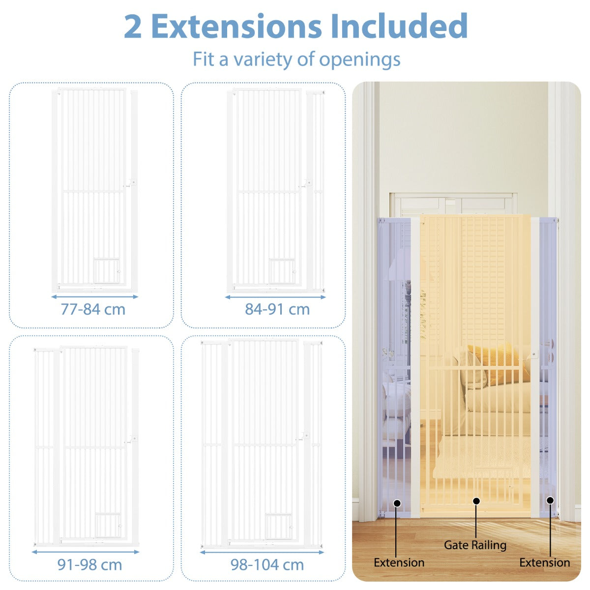Livsk costway hoge dierenbarriere metalen veiligheidshekje met 2 uitbreidingssets zonder boren 77 104 cm x 171 cm wit