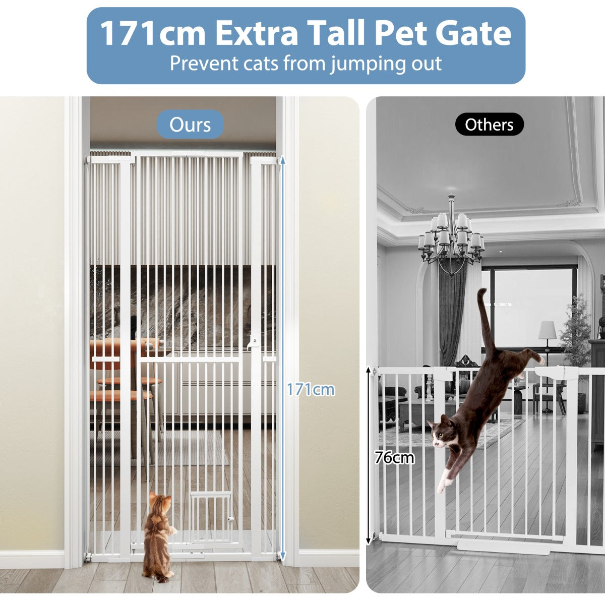 Livsk costway hoge dierenbarriere metalen veiligheidshekje met 2 uitbreidingssets zonder boren 77 104 cm x 171 cm wit