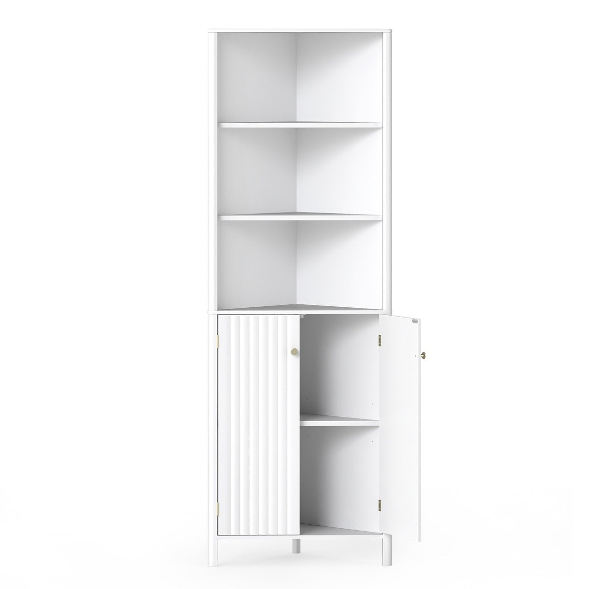 Livsk costway hoge hoekkast met drie open planken en twee deuren wit 1 1