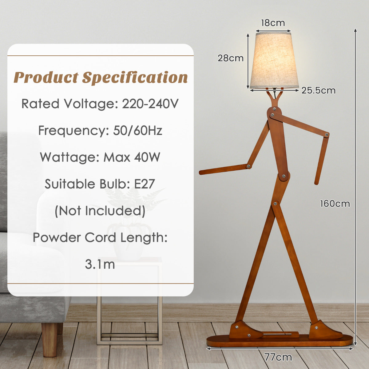 LIVSK Humanoïde Vloerlamp - Verstelbare Scharnieren - Natuurlijk Rubberhout - Voetschakelaar - Uniek Design - Natuurlijk