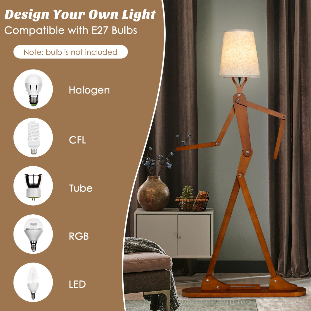 LIVSK Humanoïde Vloerlamp - Verstelbare Scharnieren - Natuurlijk Rubberhout - Voetschakelaar - Uniek Design - Natuurlijk