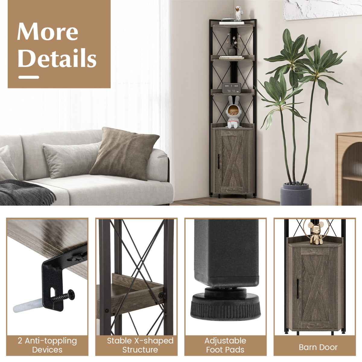 LIVSK Hoekkast met 4 Open Planken en Verstelbare Planken - Ruimtebesparend Ontwerp - Stabiel Metalen Frame - 48 x 32 x 180 cm -