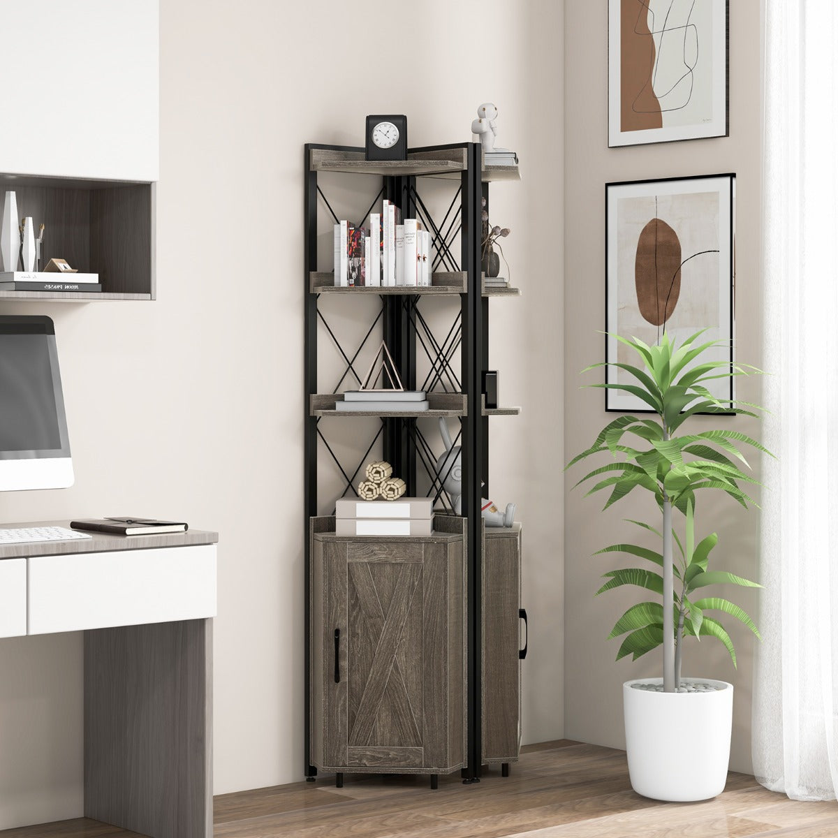 LIVSK Hoekkast met 4 Open Planken en Verstelbare Planken - Ruimtebesparend Ontwerp - Stabiel Metalen Frame - 48 x 32 x 180 cm -