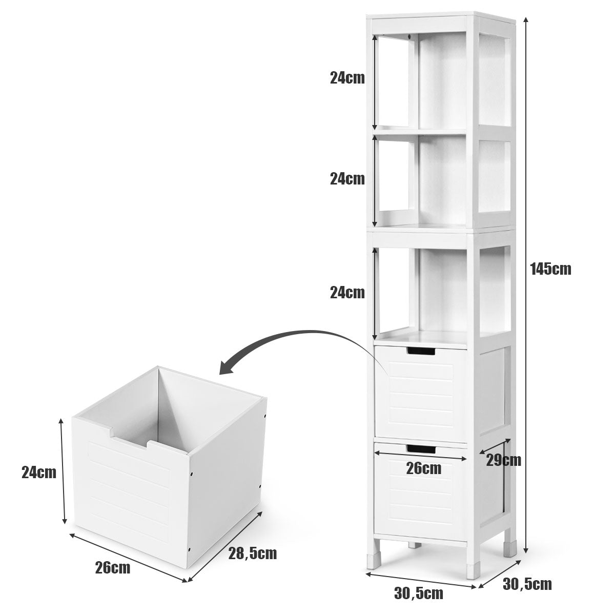 LIVSK Badkamerkast met 3 Planken en 2 Lades - Compact en Stijlvol - Eenvoudige Montage - Hoogwaardig MDF - 30,5 x 30,5 x 145 cm -