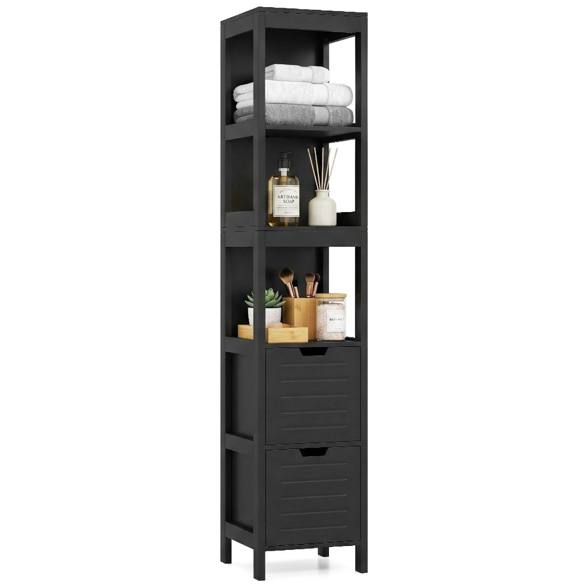 Livsk costway hoge opbergkast met 2 laden vrijstaande vloer opslag toren met 3 planken smalle kast voor slaapkamer woonkamer badkamer 305 x 305 x 145cm zwart 1