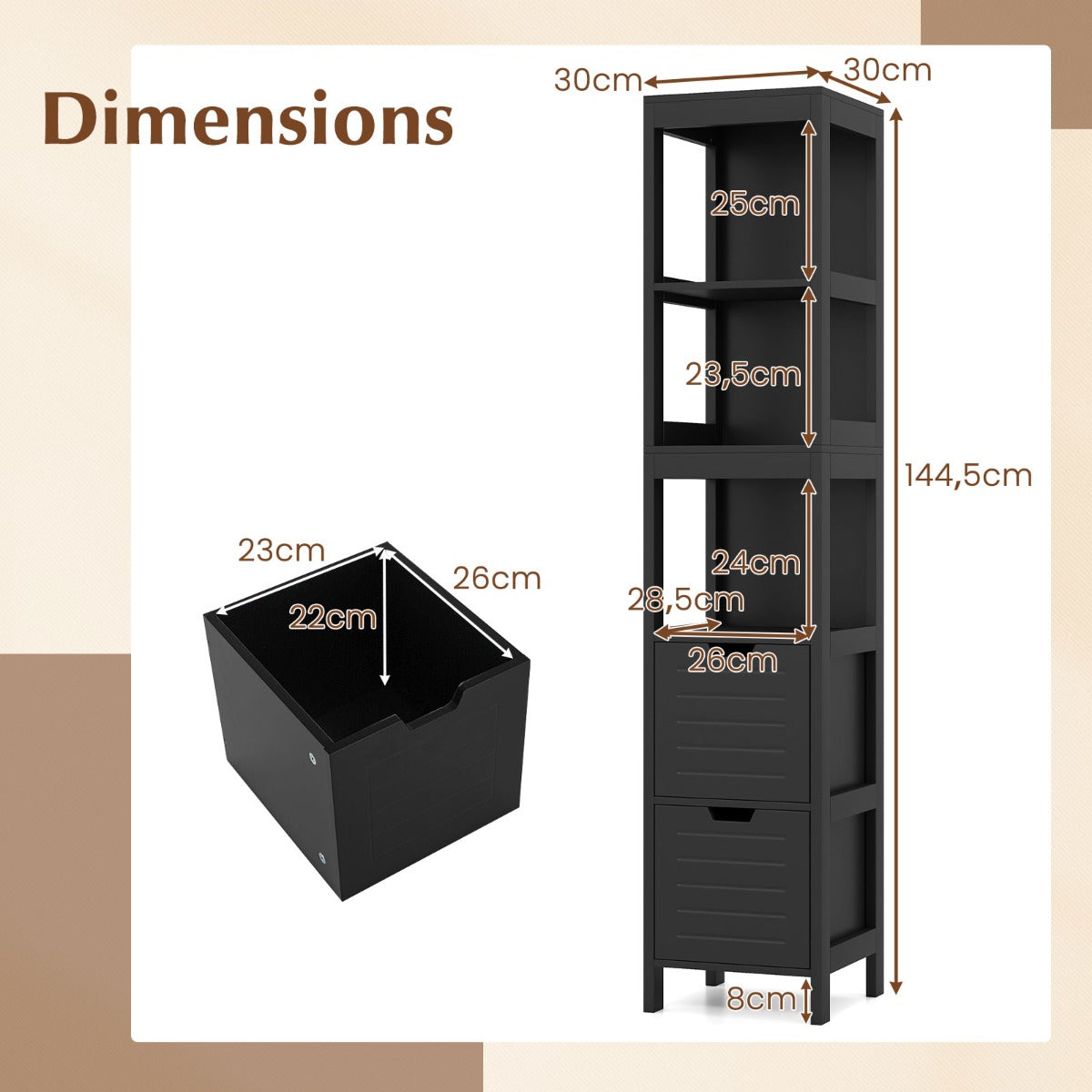Livsk costway hoge opbergkast met 2 laden vrijstaande vloer opslag toren met 3 planken smalle kast voor slaapkamer woonkamer badkamer 305 x 305 x 145cm zwart