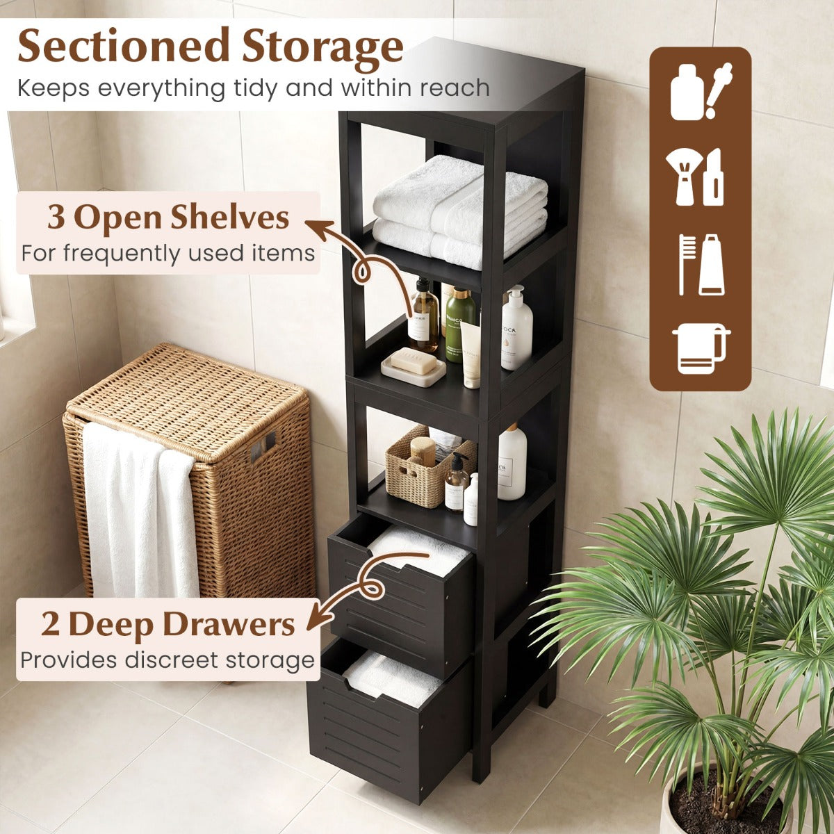Livsk costway hoge opbergkast met 2 laden vrijstaande vloer opslag toren met 3 planken smalle kast voor slaapkamer woonkamer badkamer 305 x 305 x 145cm zwart