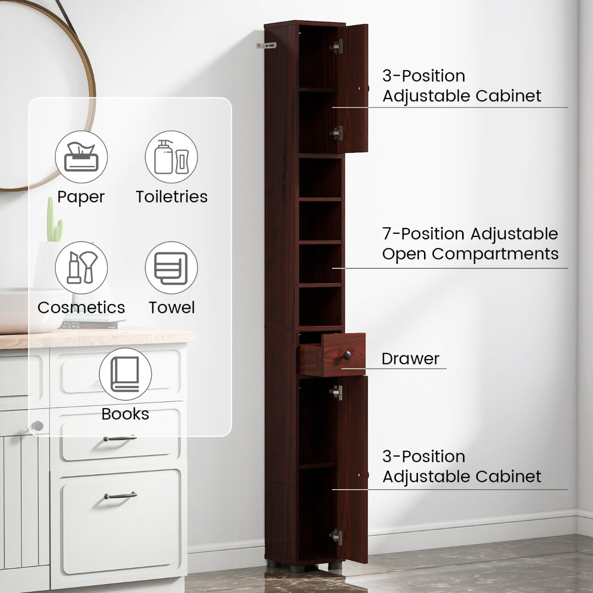 Livsk costway hoge slanke badkamerkast met een lade en verstelbare legplanken bruin 5