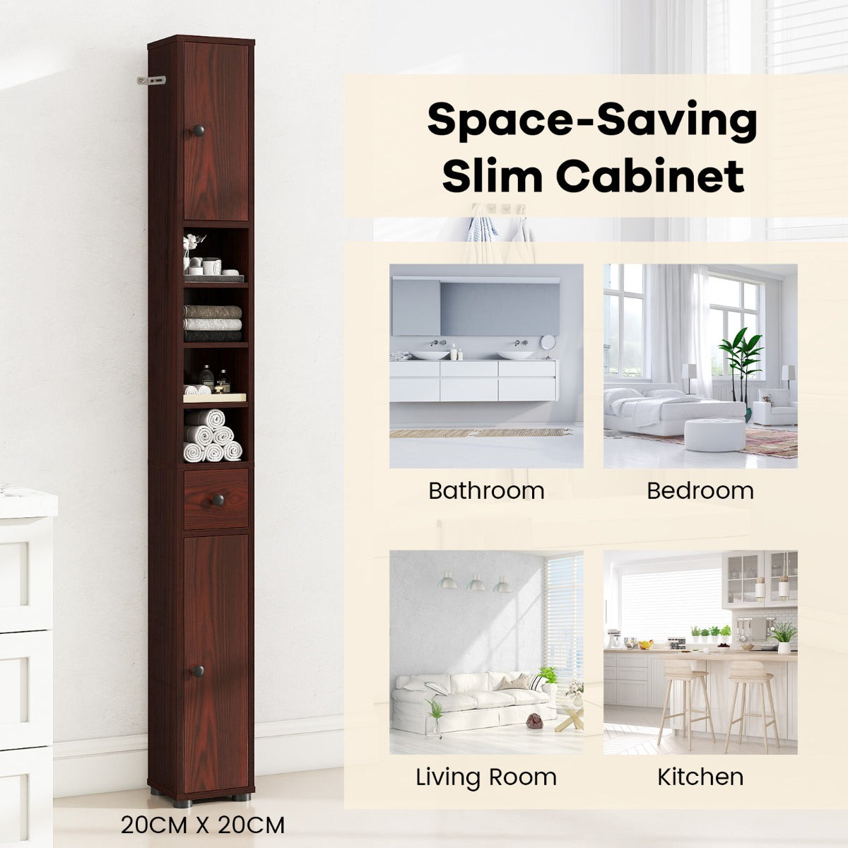 Livsk costway hoge slanke badkamerkast met een lade en verstelbare legplanken bruin 6