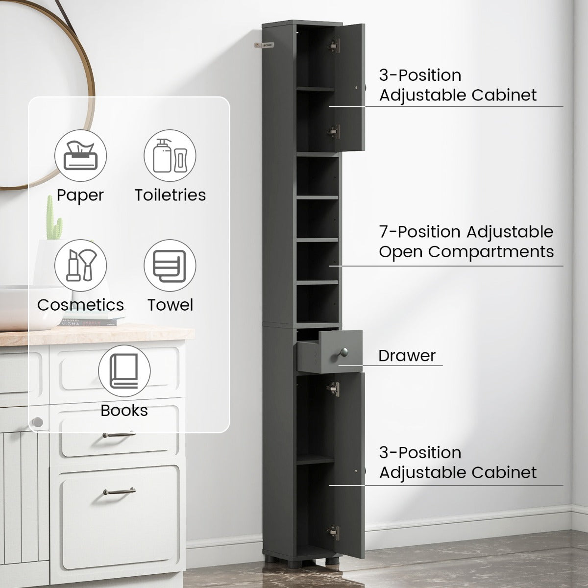 Livsk costway hoge slanke badkamerkast met een lade en verstelbare legplanken grijs 5