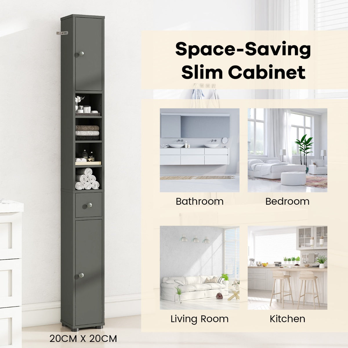 Livsk costway hoge slanke badkamerkast met een lade en verstelbare legplanken grijs 6