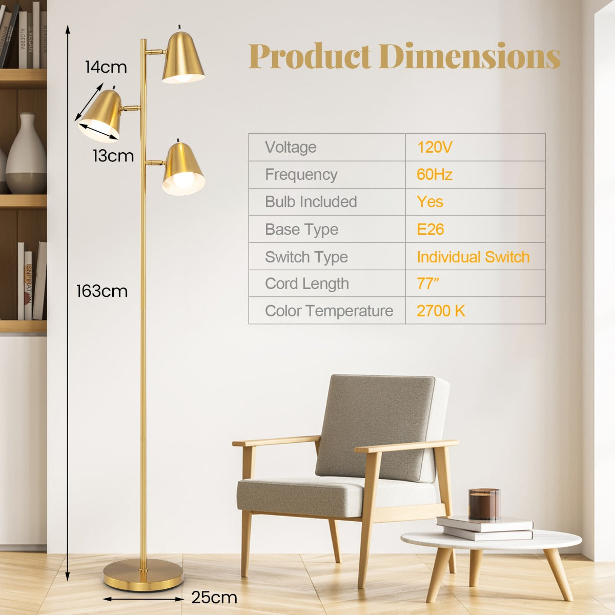 LIVSK Staande Lamp met 3 Verstelbare Lampenkoppen - Individuele Schakelaars - Stabiele Voet - Inclusief 3 LED-lampen - Goud