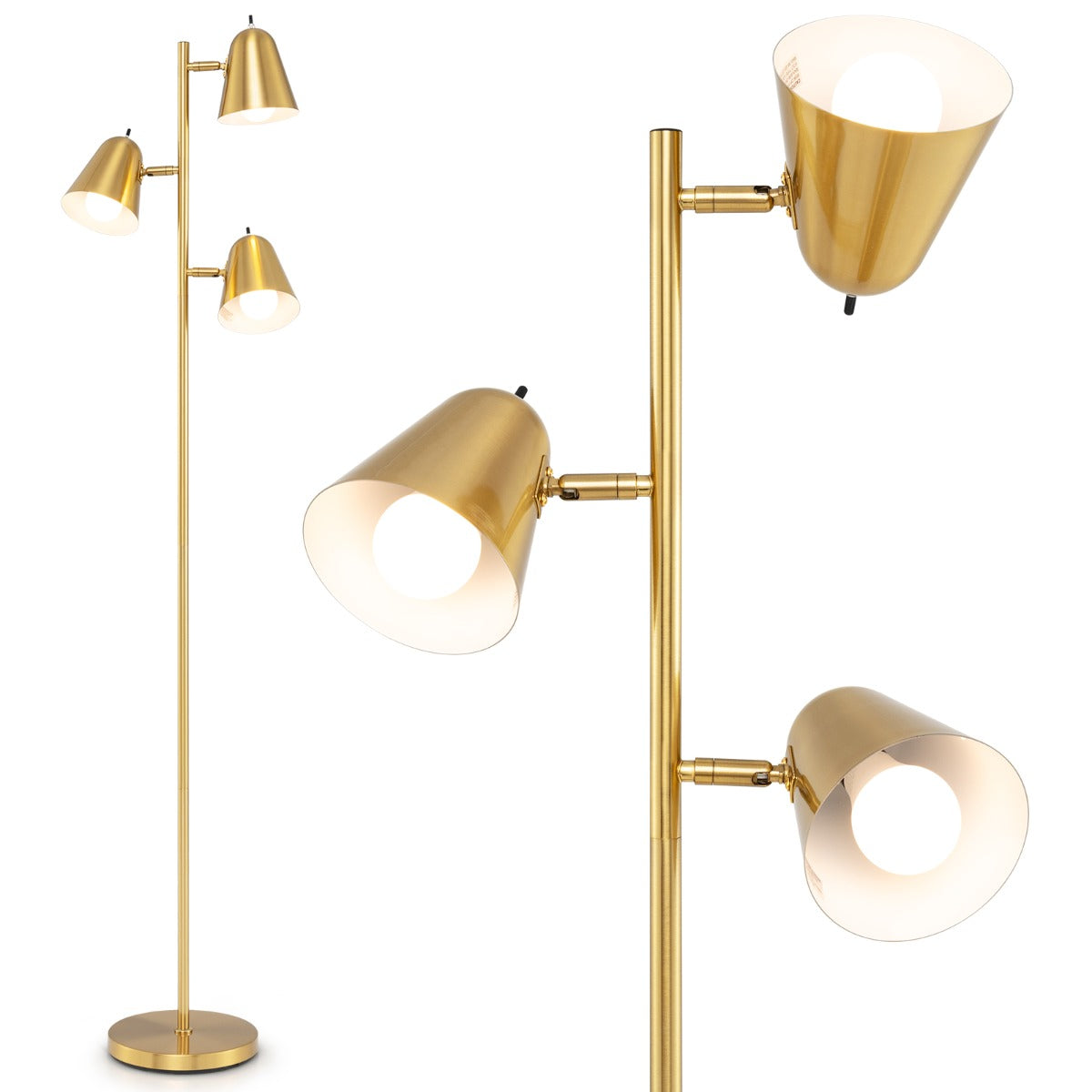 LIVSK Staande Lamp met 3 Verstelbare Lampenkoppen - Individuele Schakelaars - Stabiele Voet - Inclusief 3 LED-lampen - Goud
