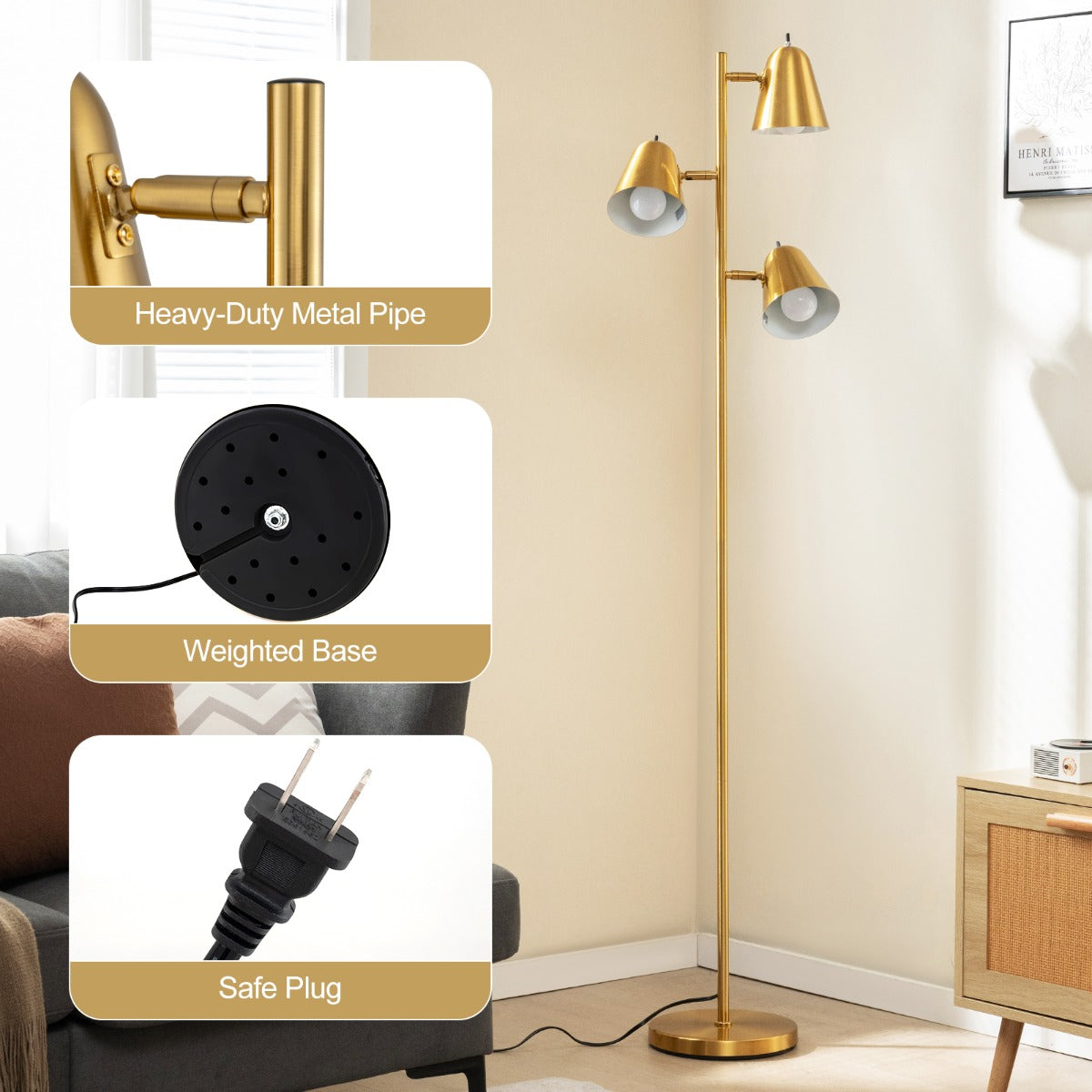 LIVSK Staande Lamp met 3 Verstelbare Lampenkoppen - Individuele Schakelaars - Stabiele Voet - Inclusief 3 LED-lampen - Goud