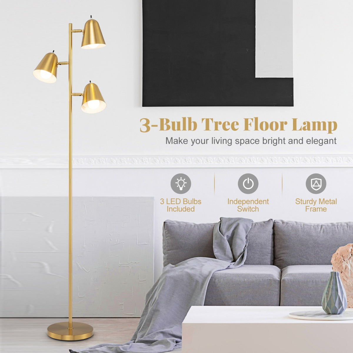 LIVSK Staande Lamp met 3 Verstelbare Lampenkoppen - Individuele Schakelaars - Stabiele Voet - Inclusief 3 LED-lampen - Goud