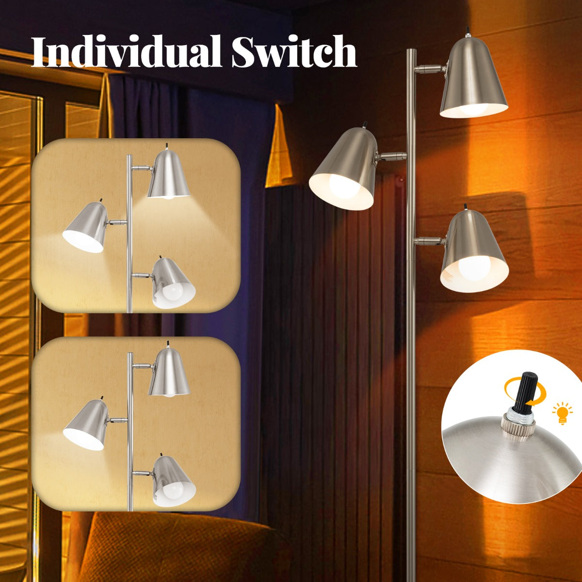 LIVSK Staande Lamp met 3 Verstelbare Lampenkoppen - Individuele Schakelaars - Stabiele Voet - Inclusief 3 LED-lampen - Goud/Zilver