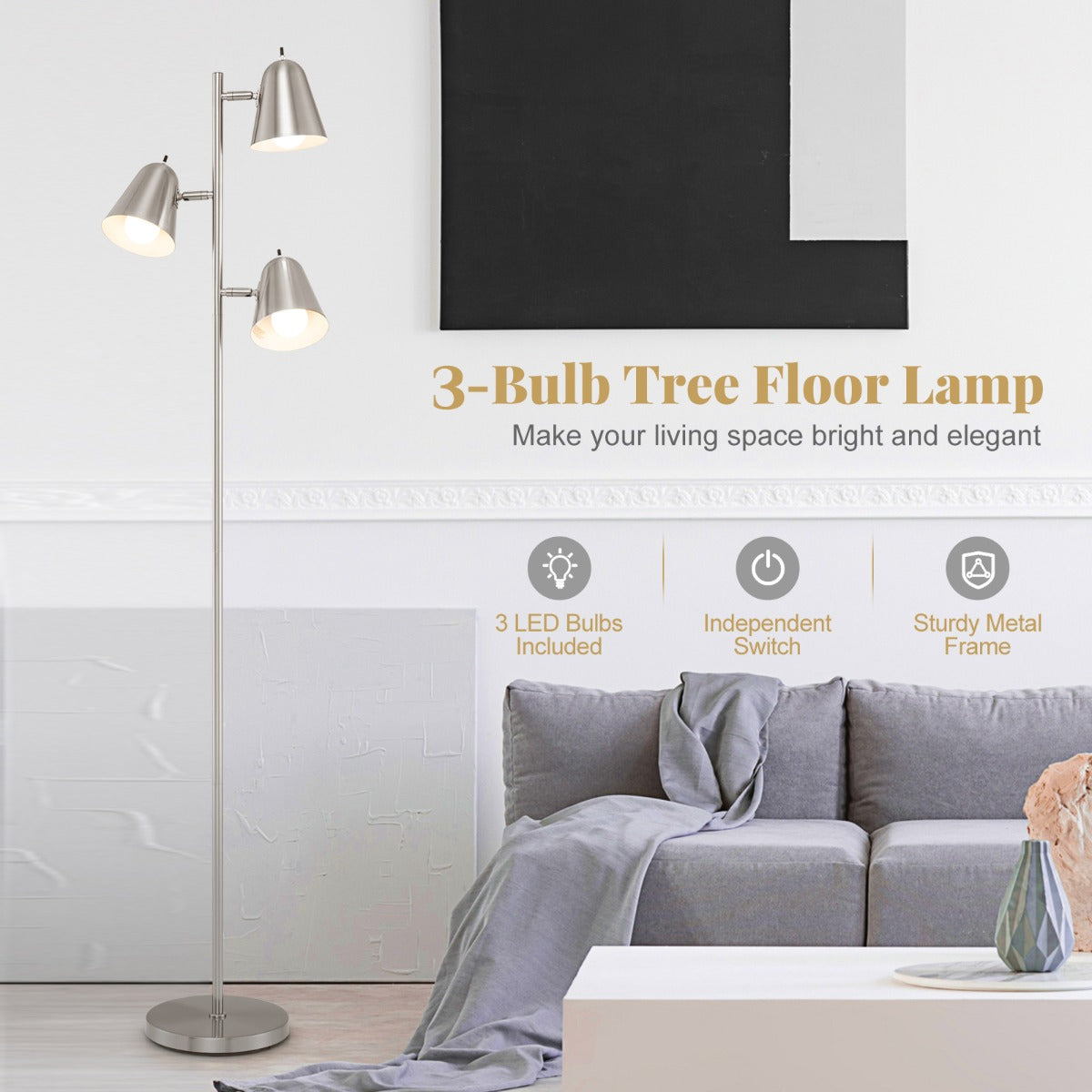 LIVSK Staande Lamp met 3 Verstelbare Lampenkoppen - Individuele Schakelaars - Stabiele Voet - Inclusief 3 LED-lampen - Goud/Zilver