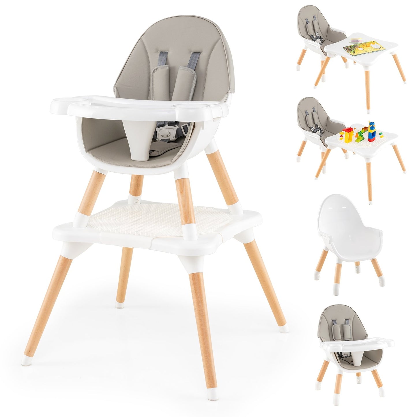 LIVSK 6-in-1 Kinderstoel - Verstelbaar voor Peuters - Veiligheidsgordel - Stabiliteit met Houten Poten - Grijs+Wit+Natuurlijk