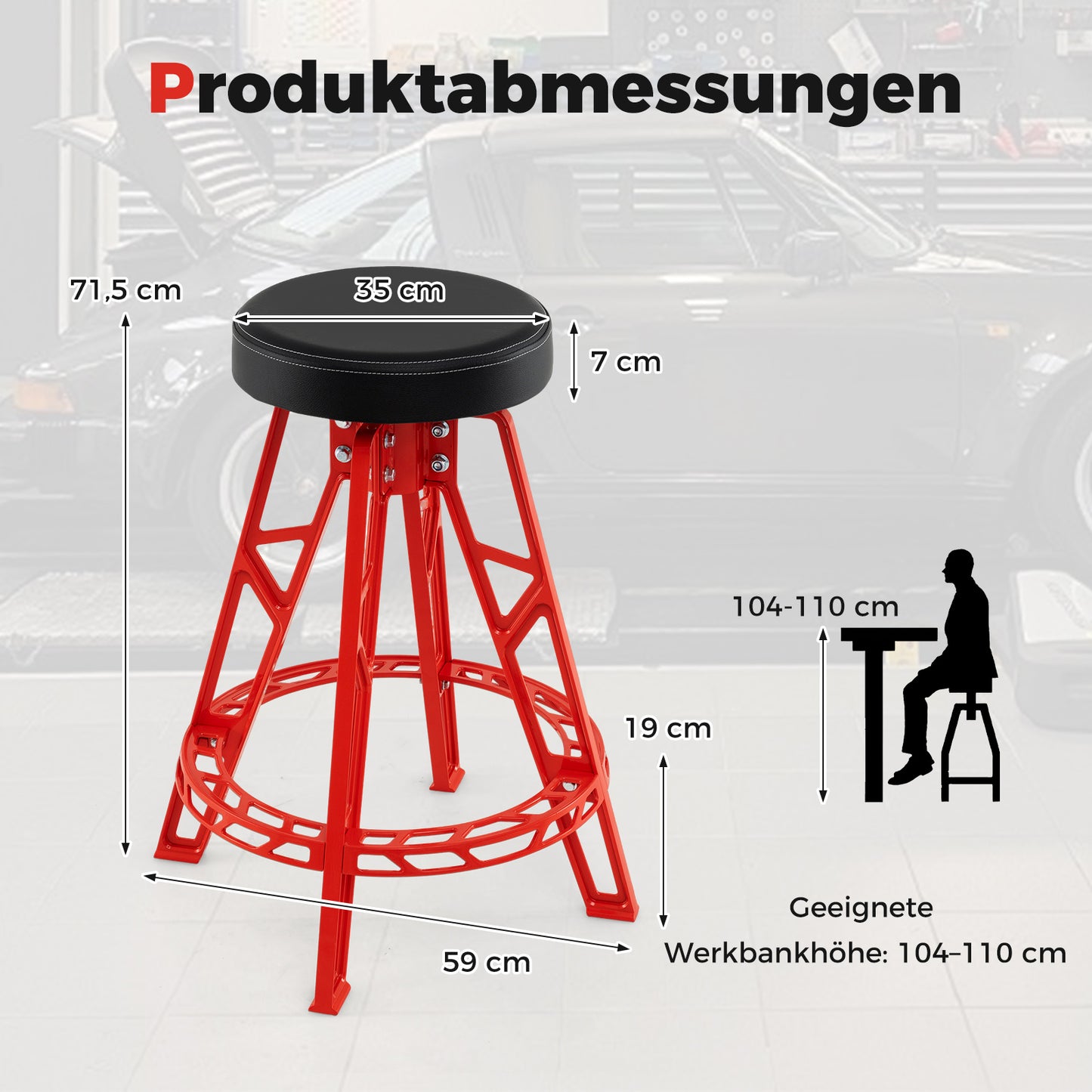 LIVSK Hoge Monteurstoel - Aluminium Frame - 360° Draaibaar - Comfortabele Gevoerde Zitting - Tot 182 kg - Rood + Zwart
