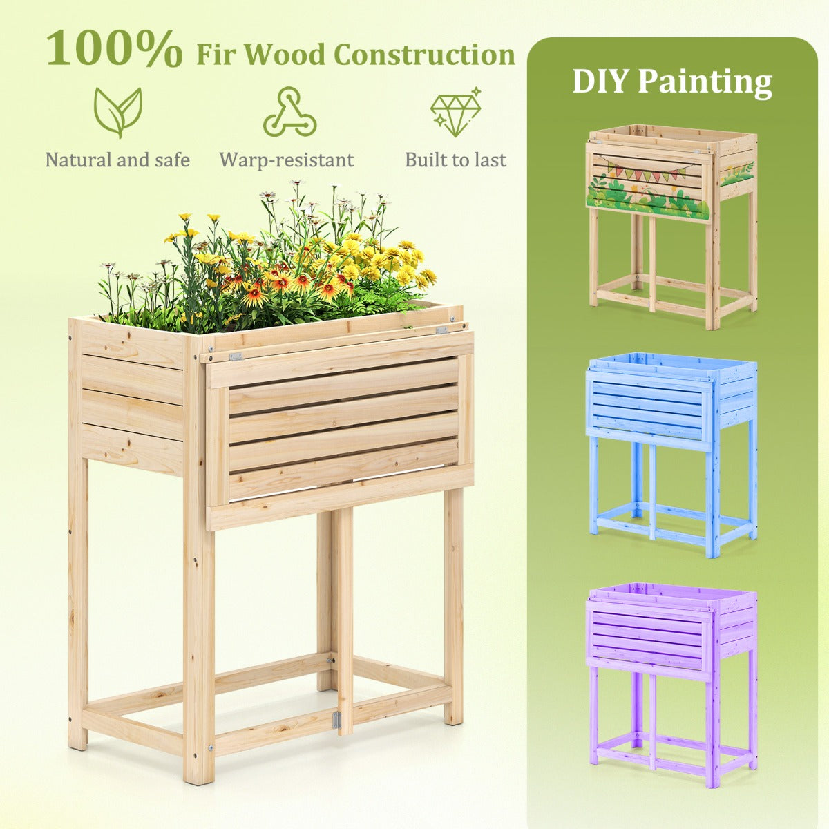 LIVSK Verhoogd Tuinbed met Opklapbaar Tafelblad - Houten Constructie met Drainage - Ergonomisch en Duurzaam - 63 x 34 x 74 cm -