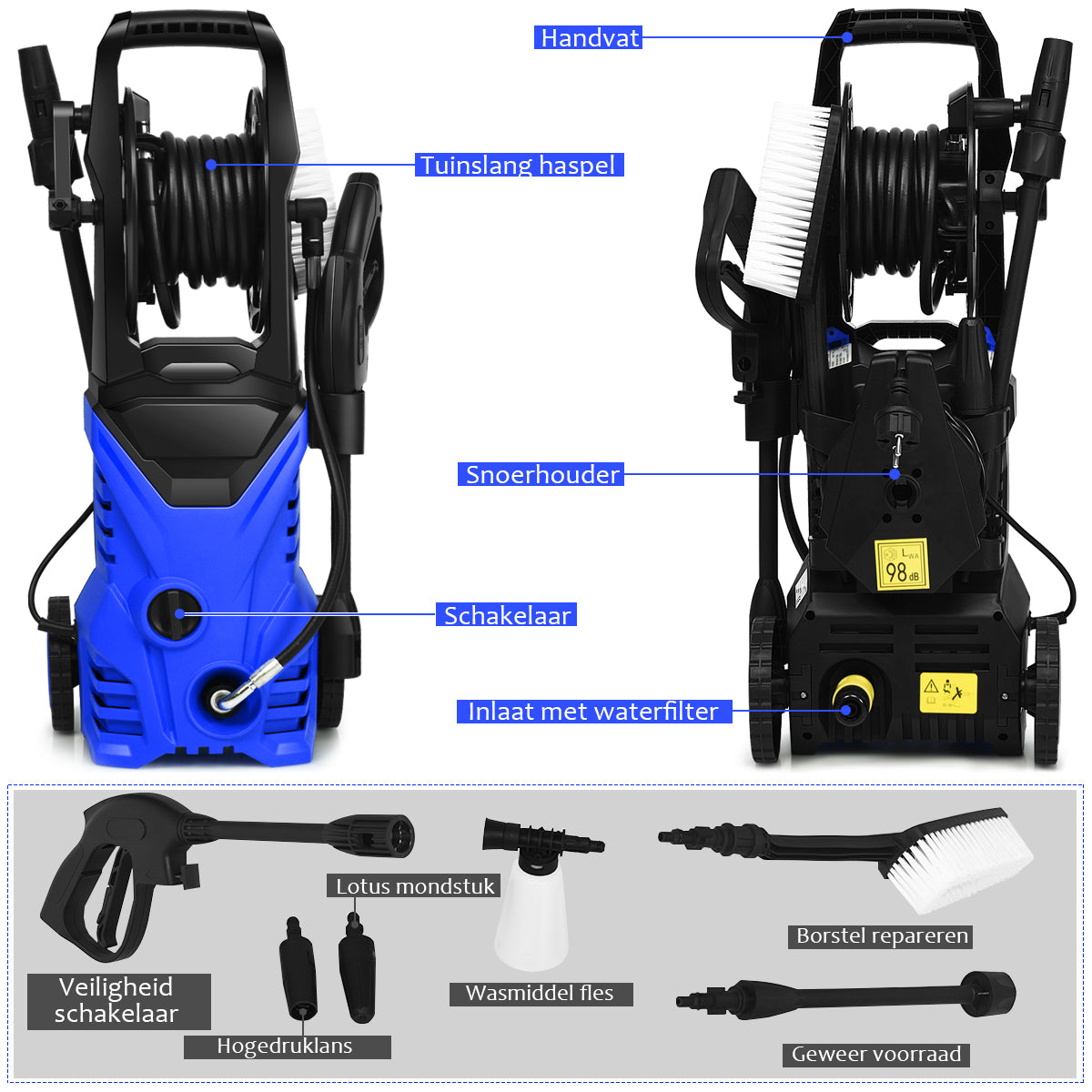 LIVSK Hogedrukreiniger 1500W - 2030 PSI Druk - Waterdicht met TSS-systeem - Draagbaar met Wielen - Blauw
