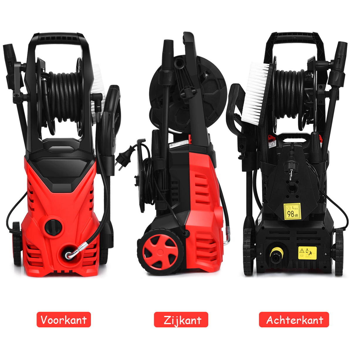 LIVSK Hogedrukreiniger 1500W - 2030 PSI - Waterdicht met TSS - Draagbaar met Wielen - Inclusief Sproeiers - Rood