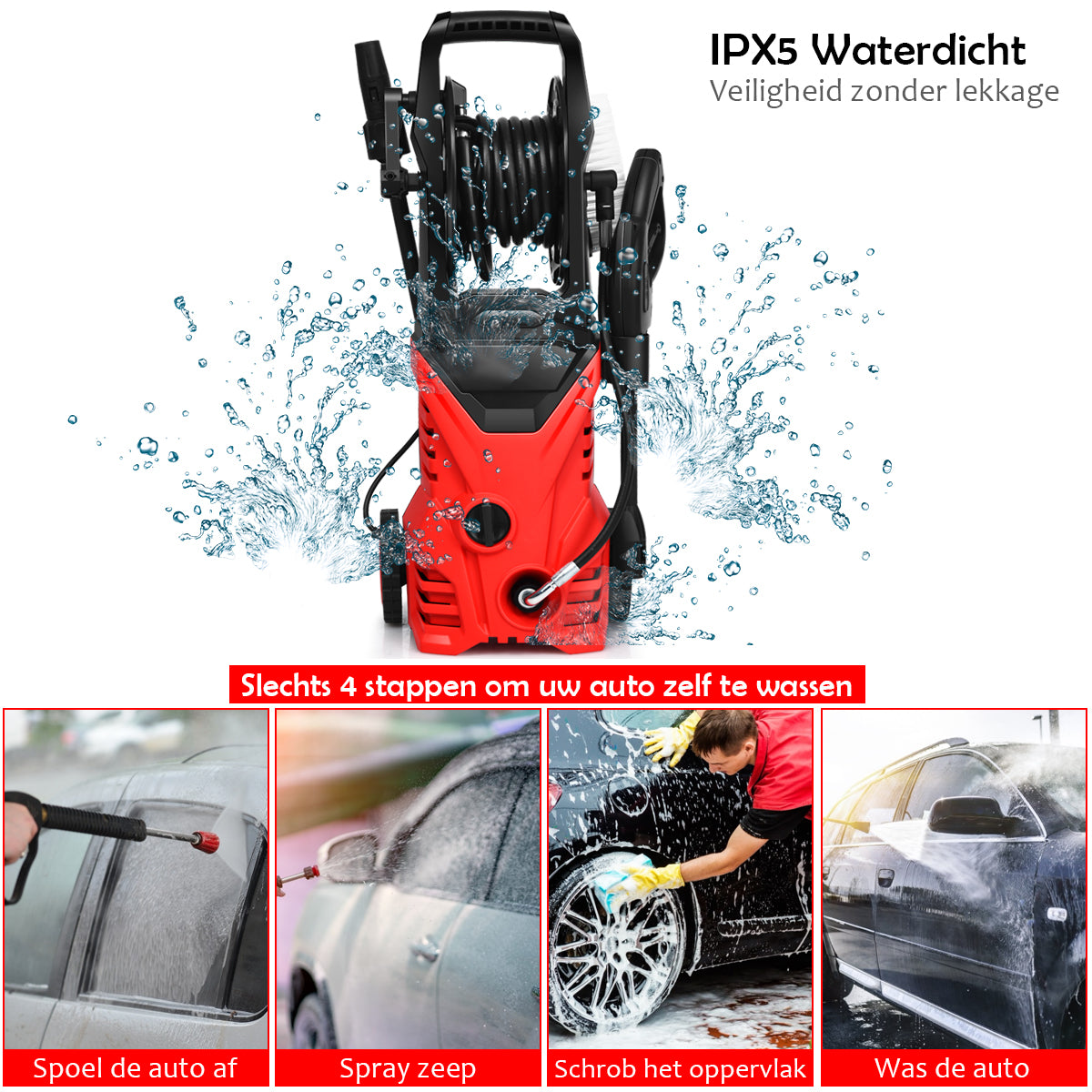 LIVSK Hogedrukreiniger 1500W - 2030 PSI - Waterdicht met TSS - Draagbaar met Wielen - Inclusief Sproeiers - Rood