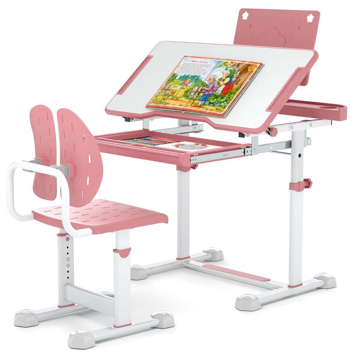 LIVSK Verstelbaar Kinderbureau en Stoelset - Hoogte - instelling - Neigbare Bureaublad - Ergonomische Stoel - Inclusief