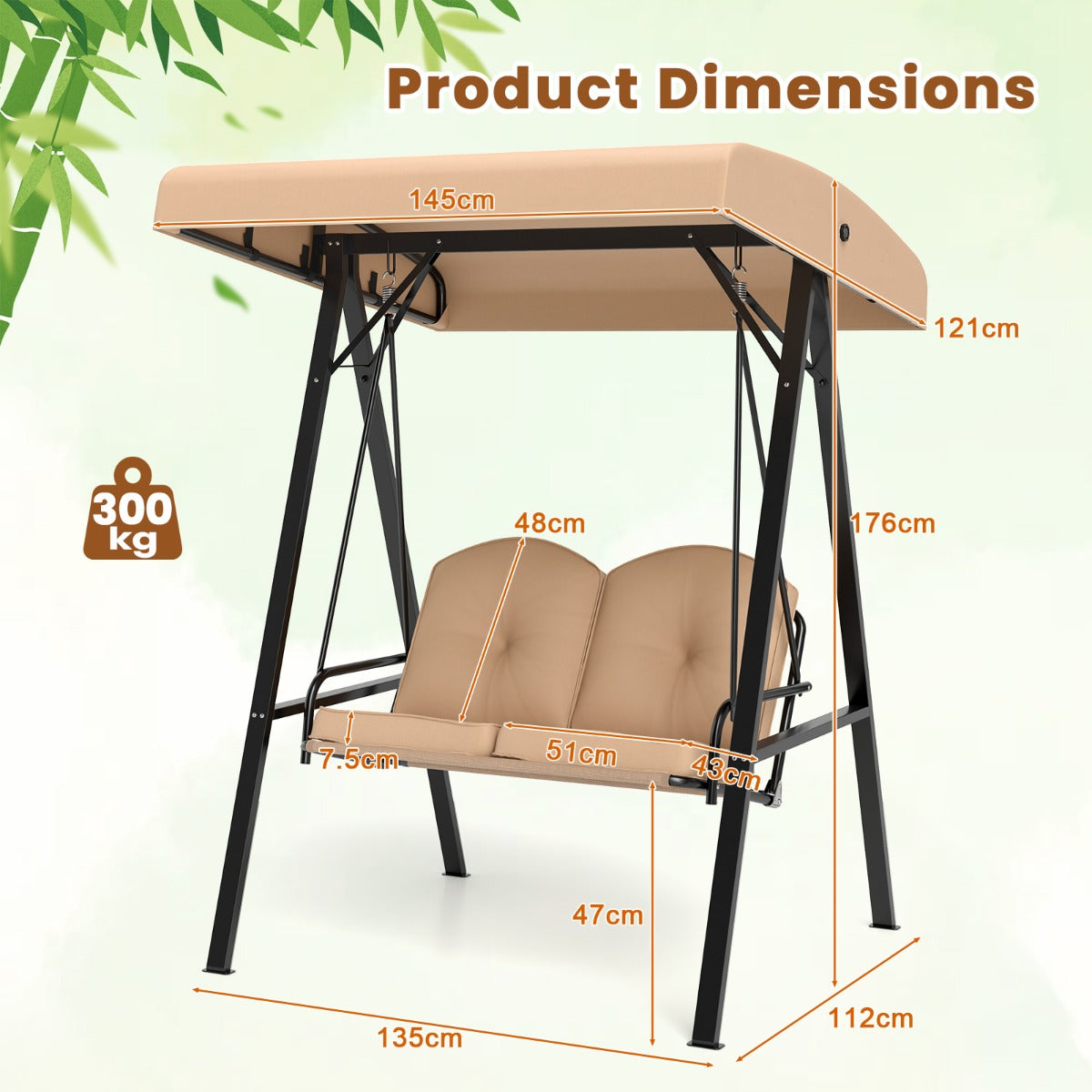 LIVSK Hollywoodschommel met Verstelbaar Zonnescherm - A-vormig Frame - 2 Kussens - Tot 300 kg - 121 x 145 x 176 cm - Beige
